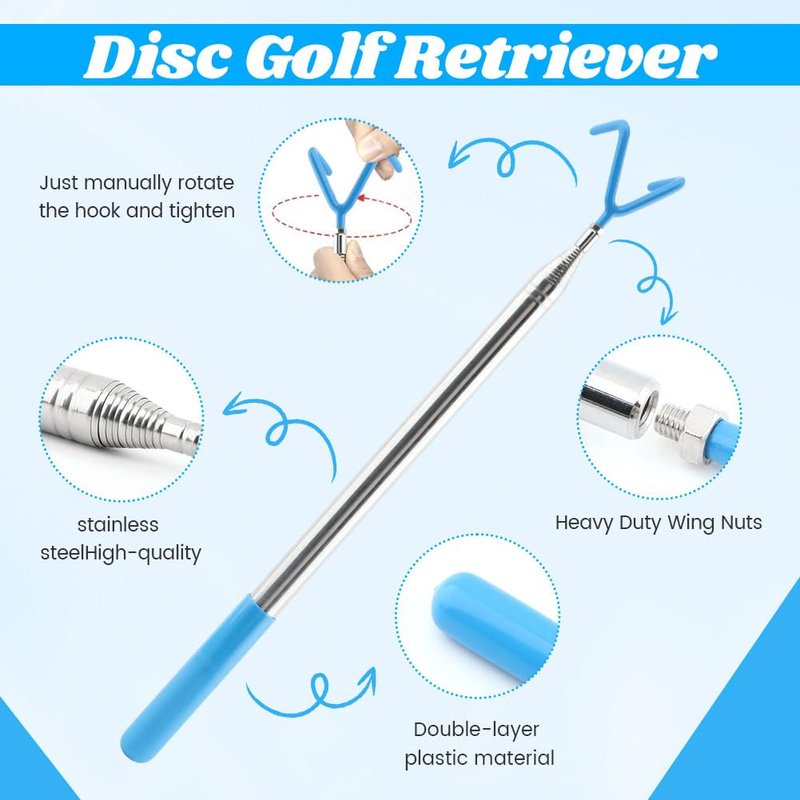 PURATEN Disc Golf Grabber Tool, Extendable Disc Golf Retriever Pole 16 ft with 3 Different Metal Hooks and Storage Bag for Retrieve Discs from the Trees/Bushes/Water(Color:Blue)