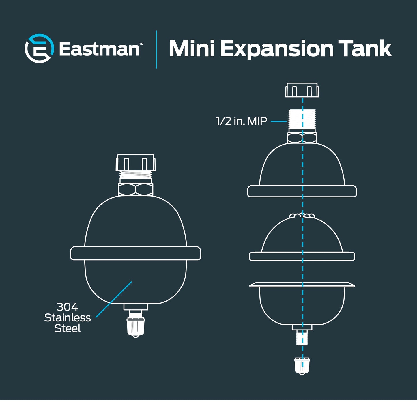 Eastman 2-Gallon Mini Thermal Expansion Tank, Stainless Steel Hammer Arrestor with 1/2 Inch Threaded Connection, 60008