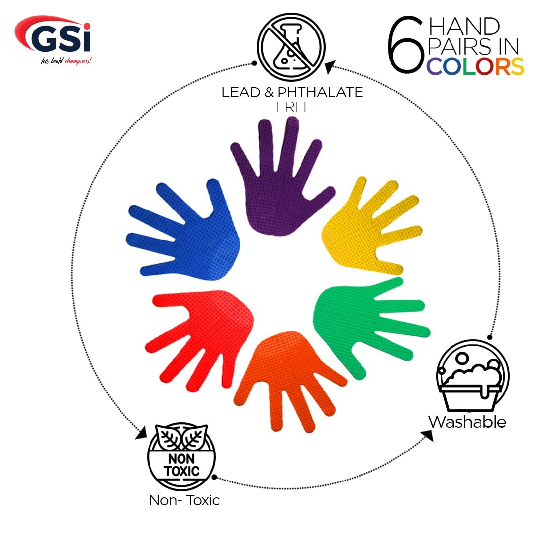GSi Hand Spot Markers Set of 6 Pairs Non-Toxic Non-Slip in Assorted Colours for Kids Education and Learning
