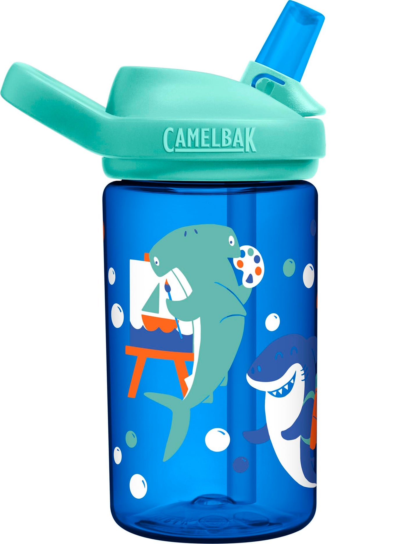 CamelBak Eddy+ Kids Bite Valve Straw Tritan Renew Water Bottle Shark Summer Camp, 14oz
