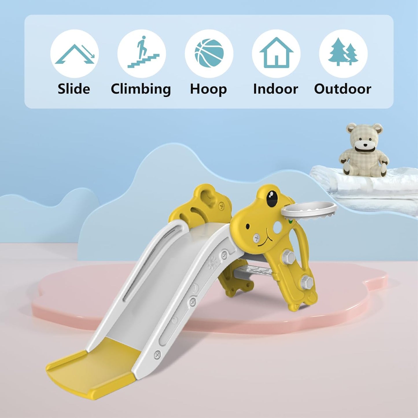 Skiennix Toddler Slide - Indoor/Outdoor Playset with Ball & Hoop | Non-Slip Steps, Yellow, Ages 1-3