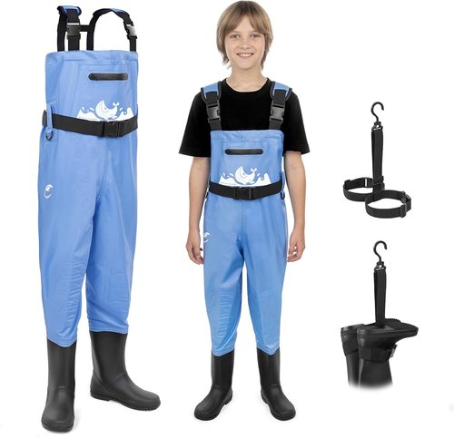 Calamus WaveWalker Kids' Fishing Waders - 100% Waterproof with PVC Boots & Knee Pads, Youth Size