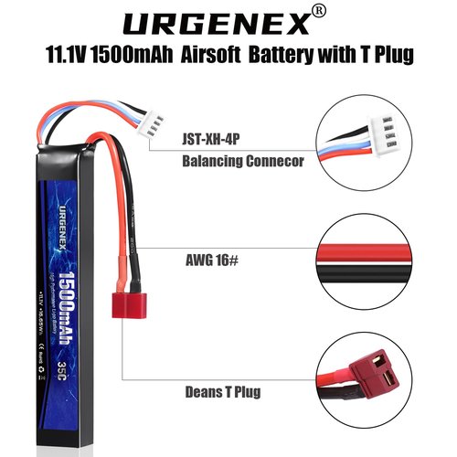 URGENEX Airsoft Battery 11.1V 1500mAh Dean-Style T Plug 35C High Discharge Rate Lipo Pack Rechargeable 3S Lipo for Airsoft Model Guns