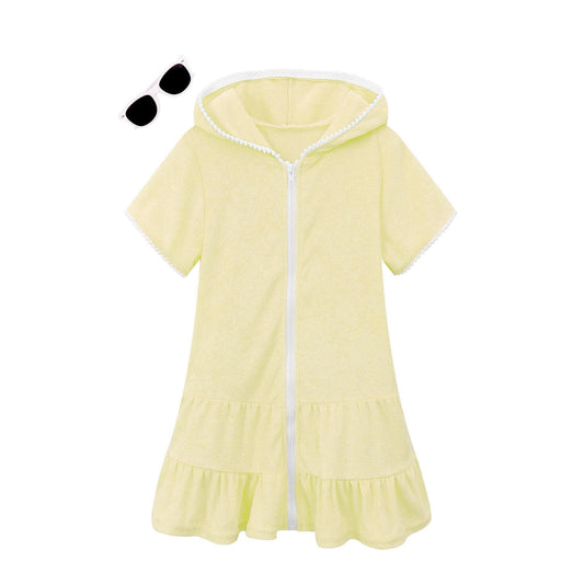 LUCKYGAL Kids Beach Coverup Girls Swimsuit Coverup Zip-Up Beach Yellow Bathing Suit,4t 5t