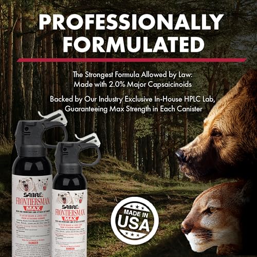 SABRE Frontiersman MAX Bear Spray Kit – 7.9 oz Bear & Mountain Lion Deterrent, Belt Holster, Bell, 40 ft Range, 2% Capsaicinoids, Glow Safety, Eco-Friendly, Hiking, Camping