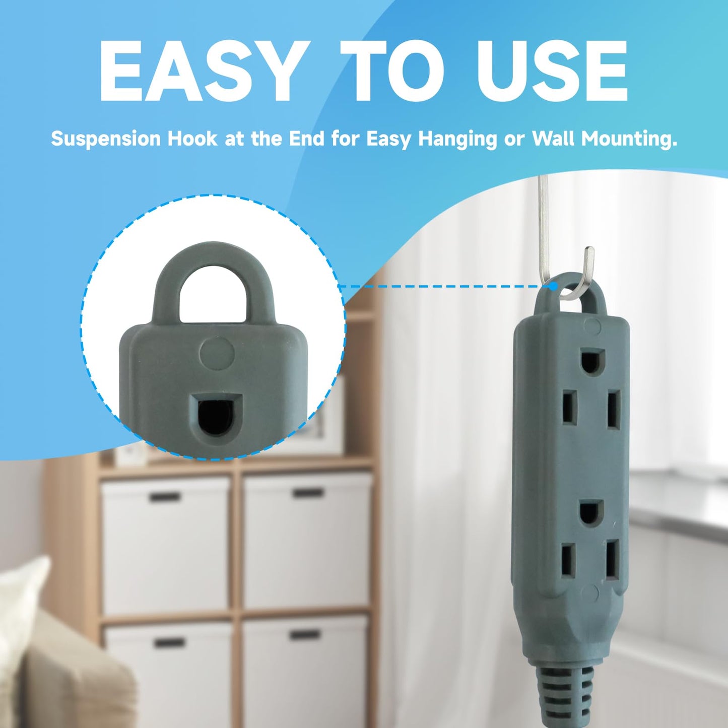 GREATIDE 15 Ft Flat Plug Extension Cord，16/3 SJT Indoor Low Profile 3 Outlets Extension Cable with 45° Angled Flat Plug, Multiple Outlets Extension Cord, Grey