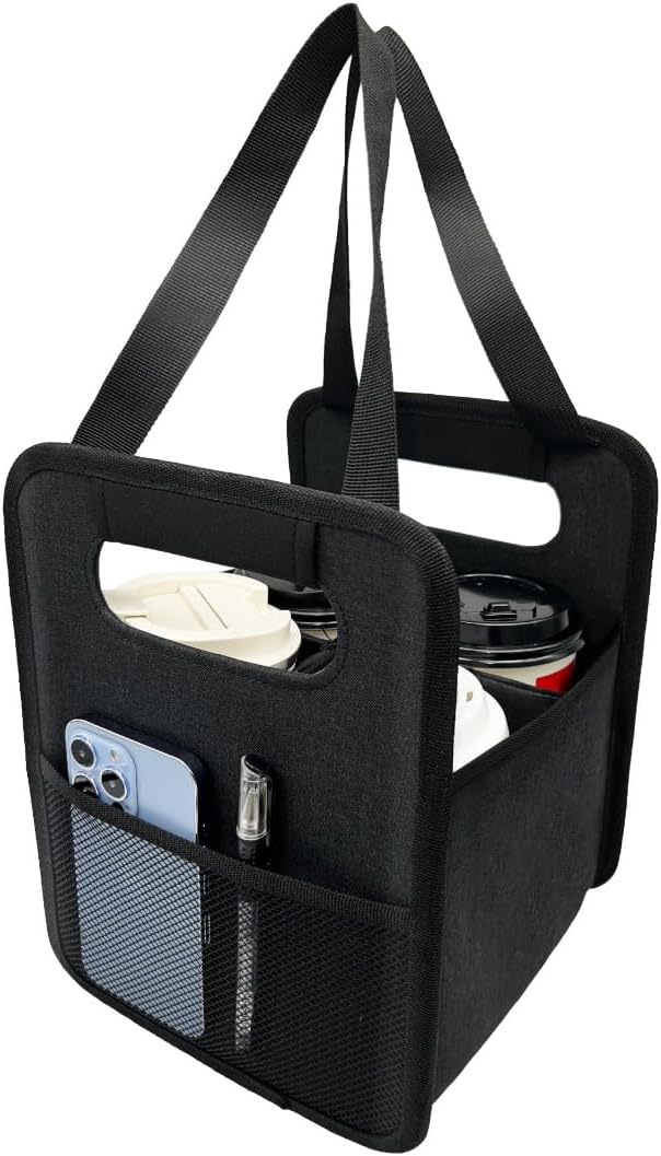Skiennix Reusable 4-Cup Drink Carrier - Insulated Caddy with Adjustable Dividers | Foldable Coffee Holder (Black)