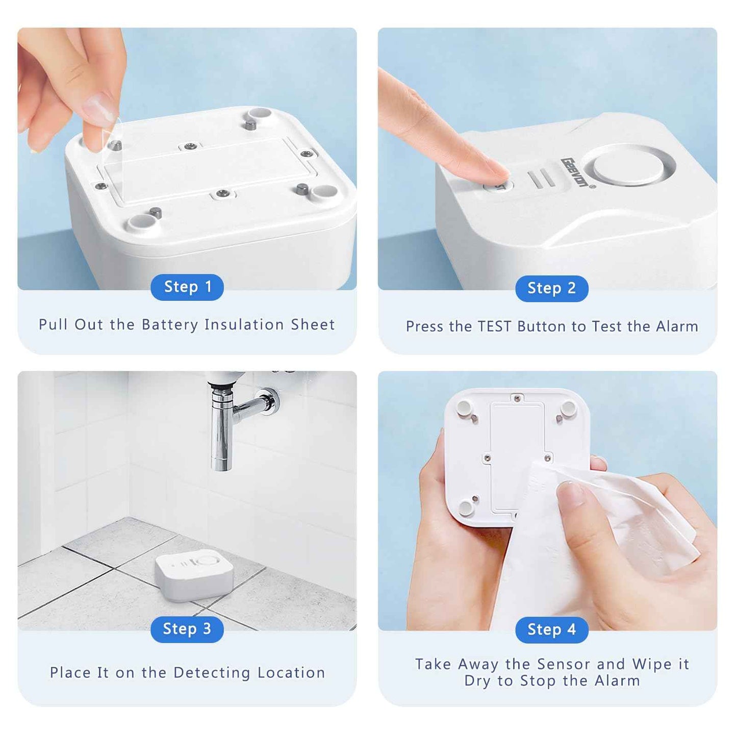 Geevon 4 Pack Water Leak Detectors for Home, 100dB Loud Water Alarm Sensor Leak Detection with Drip Alert for Basements, Laundry Rooms, Kitchen, IP56 Waterproof(Battery Included)
