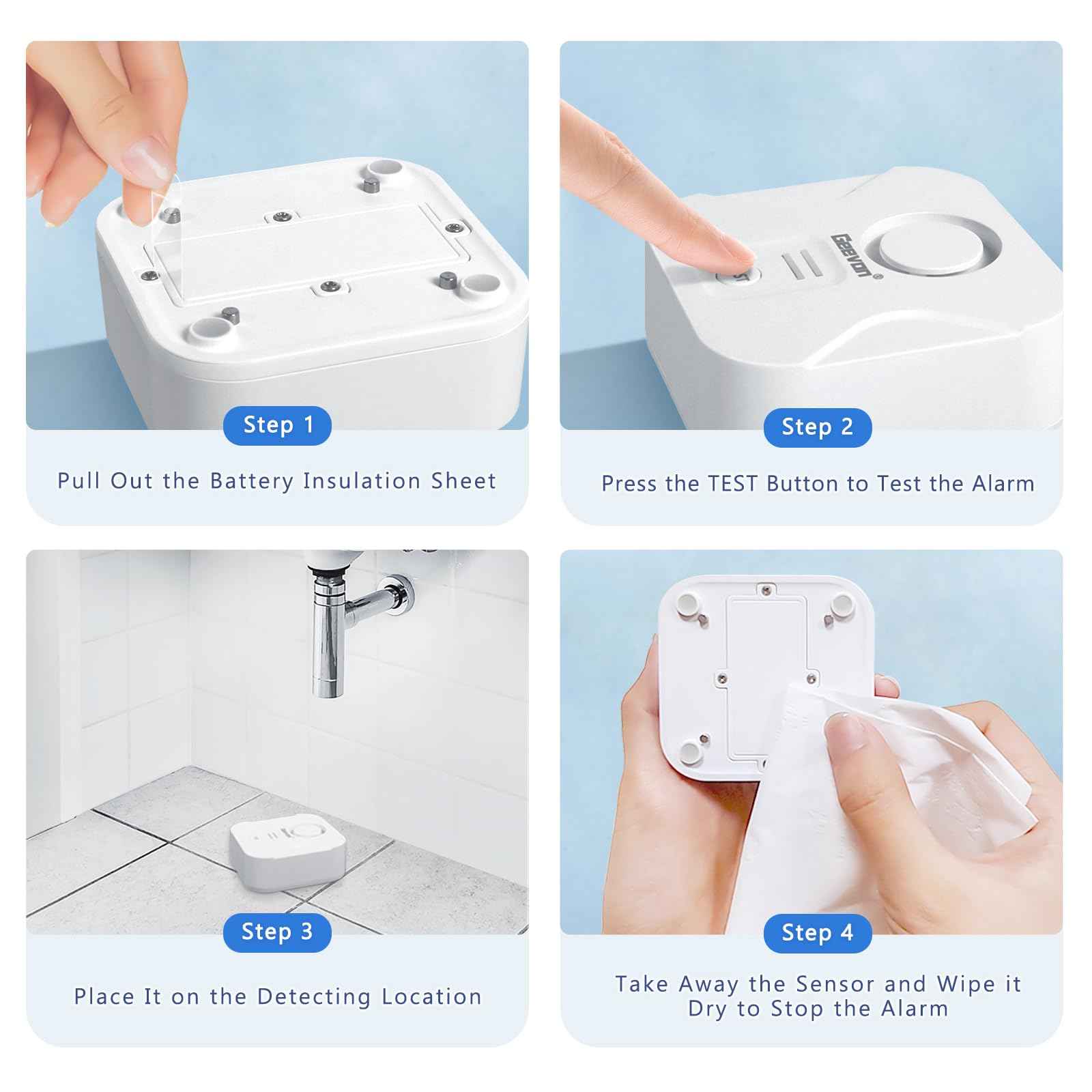 Geevon 4 Pack Water Leak Detectors for Home, 100dB Loud Water Alarm Sensor Leak Detection with Drip Alert for Basements, Laundry Rooms, Kitchen, IP56 Waterproof(Battery Included)