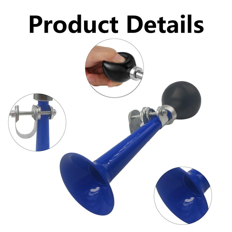 Runseaway 7.87” Blue Bike Bugle Horn Metal Air Horn, Retro Squeeze Bulb Clown Horn for Kids' Bicycles and Golf Carts, Loud Sound, Fits All Handle Bars