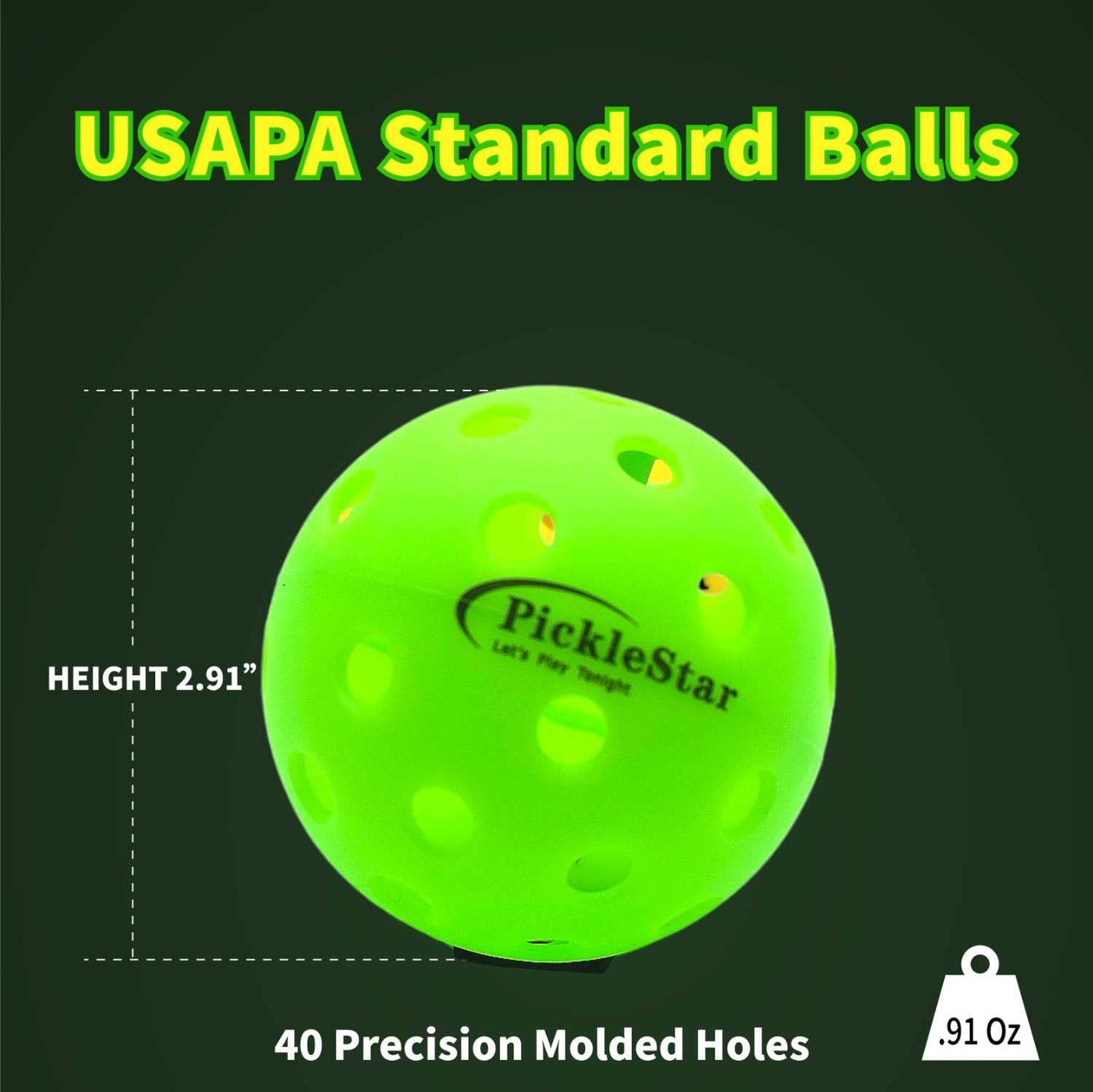 PickleStar LED Light Up Pickleball Balls, Offcial Size Outdoor 40 Holes Green PickleBalls with Green Light 4 Pack LED Light Up Pickle Balls, 6 Batteries Included, for Pickleball Lovers