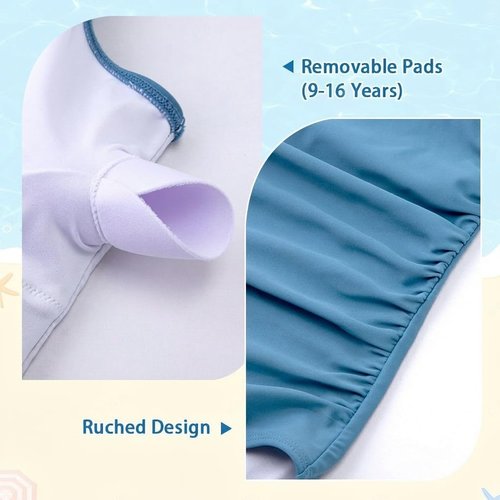 Belovance One Piece Girls Swimsuit - Solid Color Ruched Design | Quick Dry Beach Swimwear (Ages 7-16)