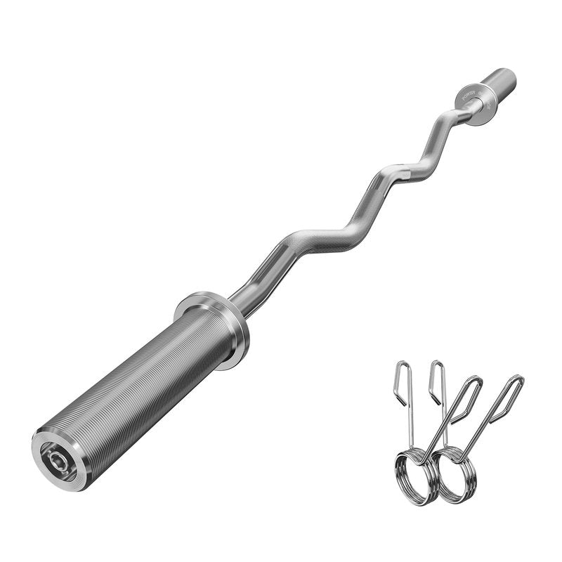 POWER GUIDANCE 2 Inch Curl Bar with Weights 47", 500lbs Weight Capacity Olympic EZ Curl Barbell for Bicep, Tricep and Weight Lifting Exercises,with 2 Spring Collars(Silver)