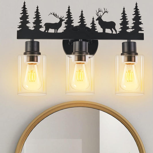 Monyohame Farmhouse Rustic Deer Bathroom Light Fixtures, 3-Light Black Vanity Lights with Clear Glass Shade, Wall Lamp for Bathroom, Living Room, Hallway, Kitchen, Cabnet, Porch