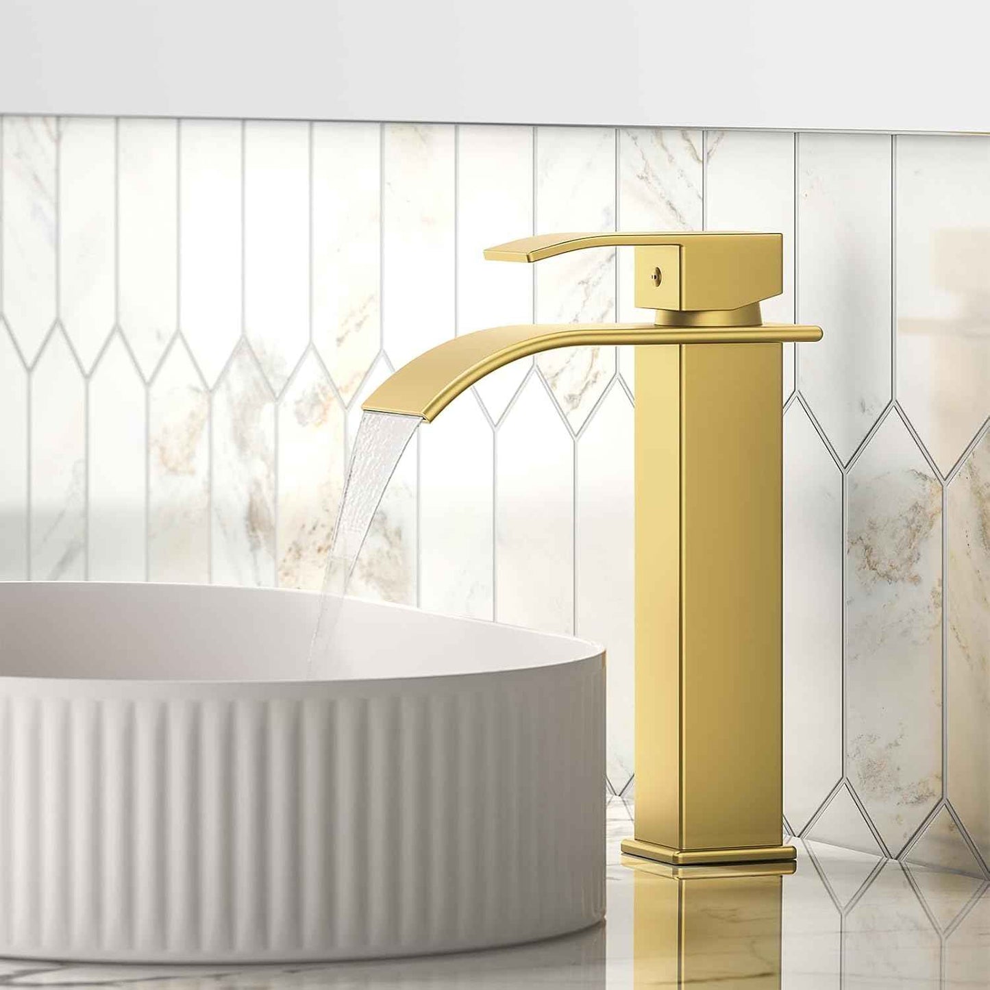Modern Brushed Gold Bathroom Faucet with Waterfall Spout & Pop-Up Drain - Single Handle Vanity Sink Faucet