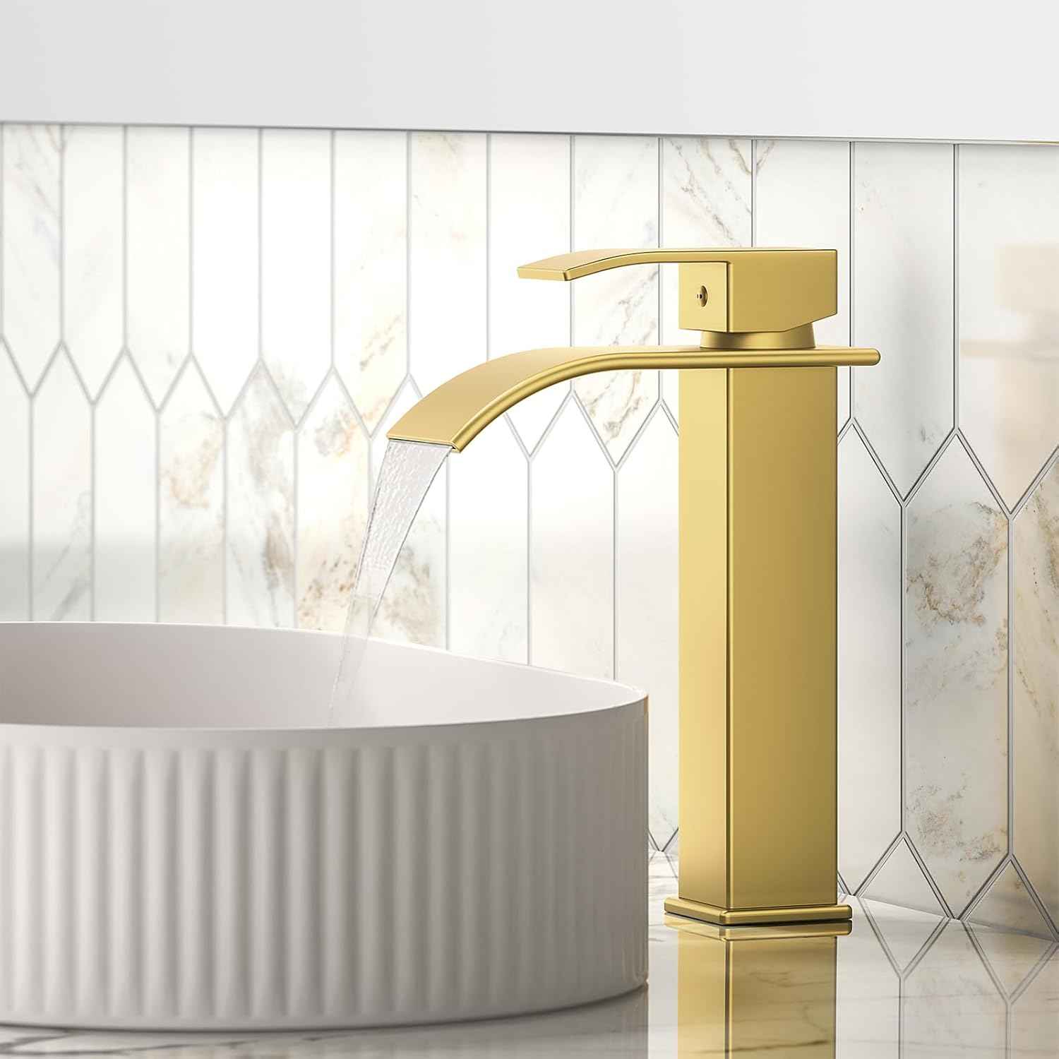Modern Brushed Gold Bathroom Faucet with Waterfall Spout & Pop-Up Drain - Single Handle Vanity Sink Faucet