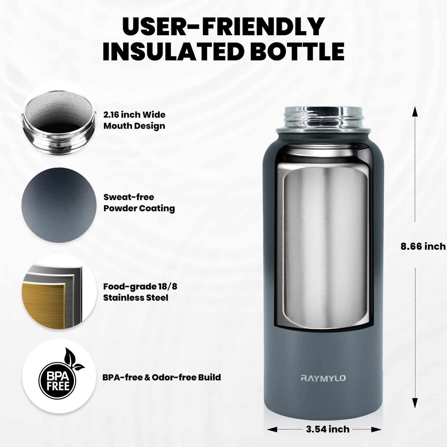 Skiennix Insulated Water Bottle - 32 Oz Triple Wall Vacuum Stainless Steel | Keeps Drinks Cold for 48 Hrs, Leak Proof, Dark Grey