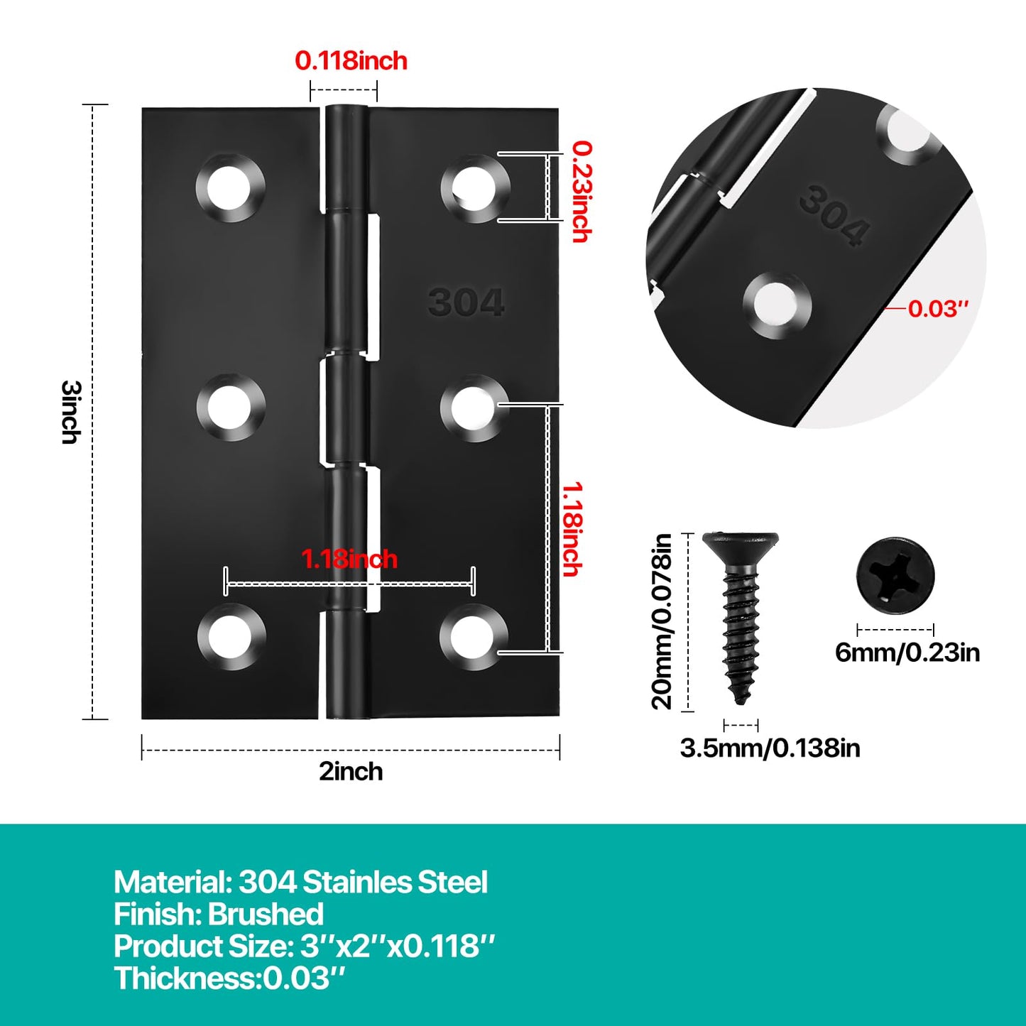 Black Door Hinges, 3 Inch Black Hinges for Furniture Door Window Case Lid and Wooden Box Chest, Pack of 4 with 24 Screws