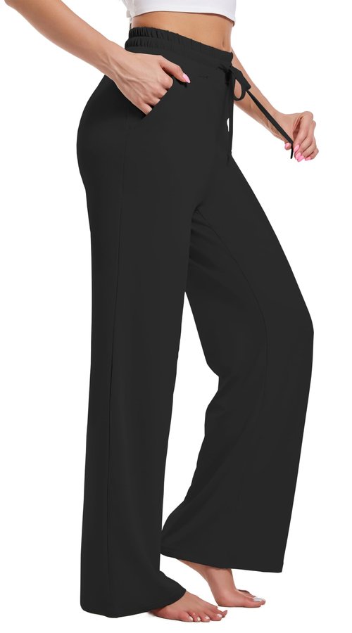 Kivdol Womens Yoga Sweatpants Wide Leg Lounge Pajamas Pants Drawstring Workout Comfy Joggers Sweatpants Pants Pockets Black