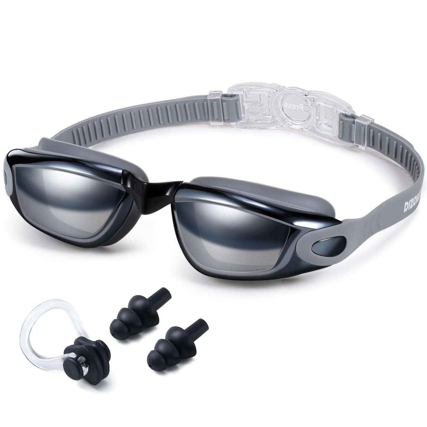 Dizokizo Swim Goggles for Adult Men Women Youth Kids Child with Earplug, Anti-Fog UV Protection Swimming Goggles with HD Lens, Adjustable Silicone Leak-Proof Ergonomic Design with Carry Case (Grey)