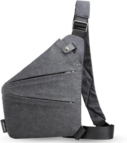 FlyHugz Anti-Theft Crossbody Sling Bag - Gray Canvas, Multi-Pocket, Water-Resistant Design for Travel
