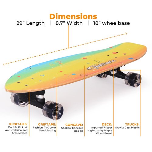 Nattork Complete Skateboards 29" x 9" Kids Girls Skateboard Cruiser Skateboards for Beginners Double Kick Deck Concave Boys Skateboard with Maple Wood (Rainbow)