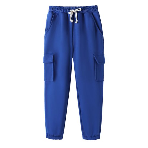 HILEELANG Little Boys Cargo Sweatpants 3 Pack - Kids Cotton Blend Joggers Black Grey Blue with Pockets Elastic Waistband, Pull-On Athletic Pants for School Sports 6Y