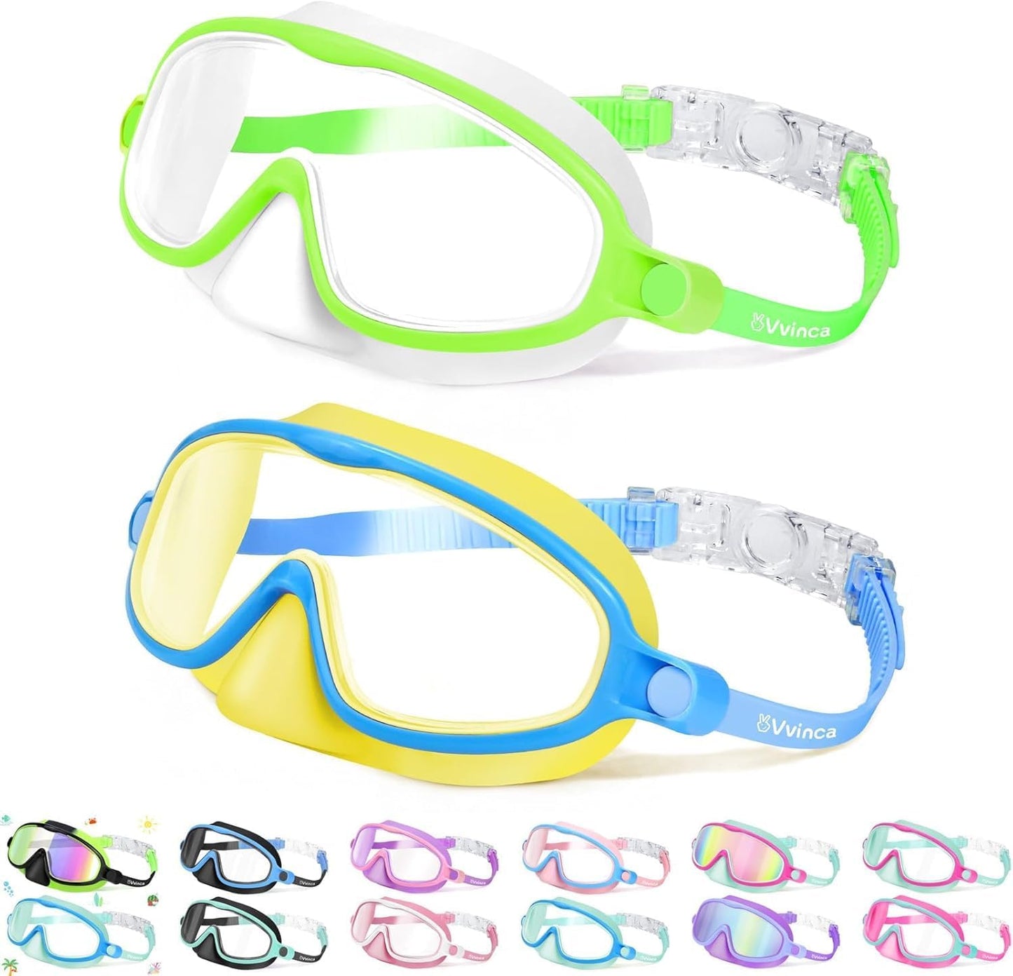 Vvinca Kids Swim Goggles - Anti-Fog Diving Mask with Nose Cover | Wide View, UV Protection for Ages 3-5