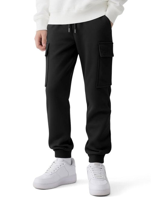Auranso Boys Sweatpants Kids Athletic Cargo Pants Causal Joggers Workout Clothes with Pocket Drawstring Black 13-14Years