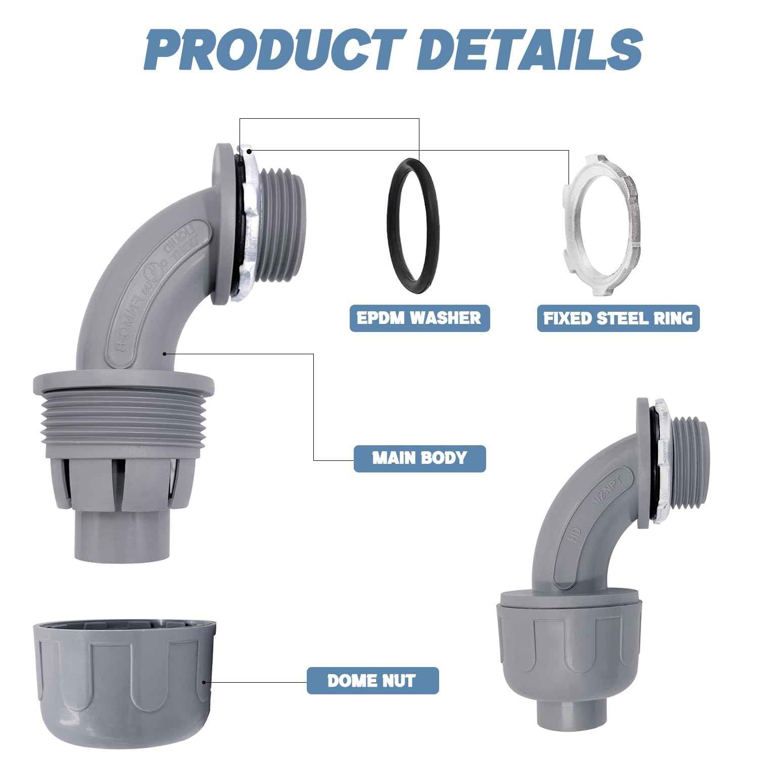 1/2 inch Liquid Tight Connector 90 Degree PVC nonmetallic Flexible Conduit Connector, UL Listed Liquid Tight Electrical Conduit Fittings (100 Pcs)