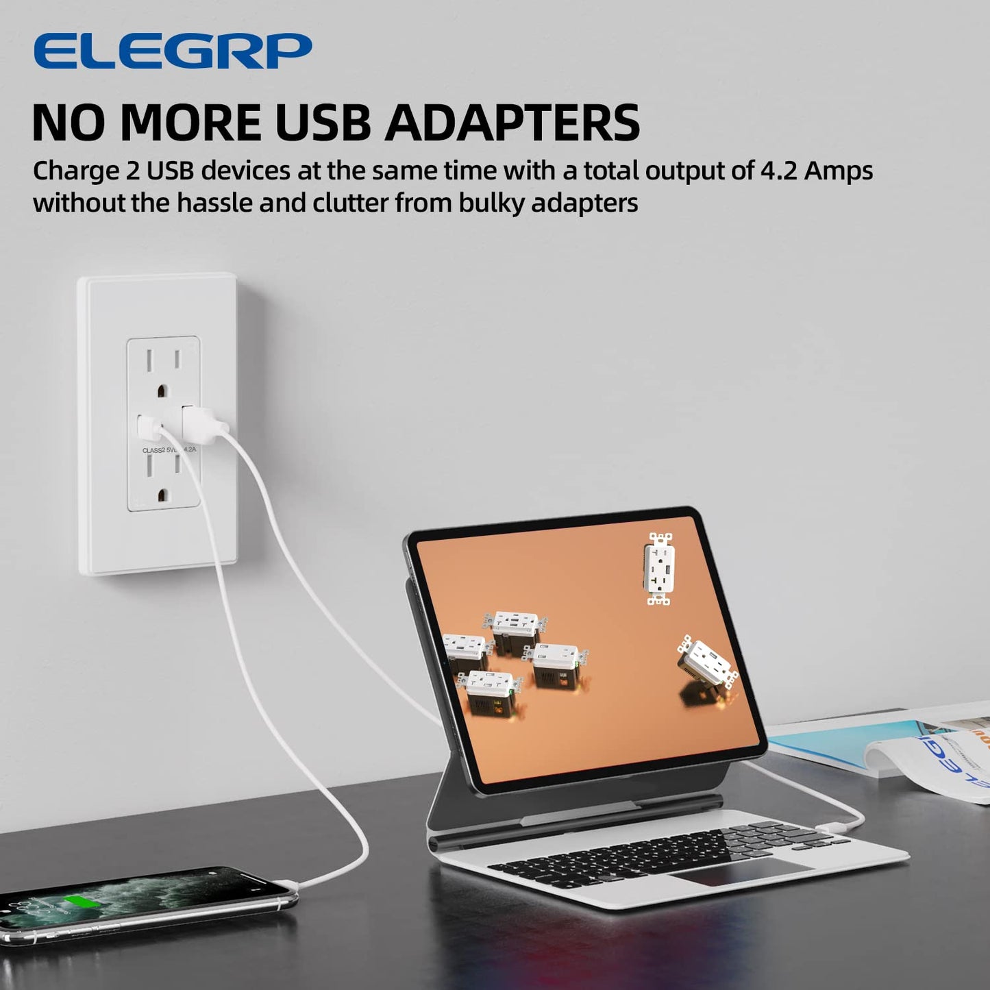 USB Wall Charger Outlet with A & C Ports - 15A Tamper Resistant, UL Listed, 6 Pack, Light Almond