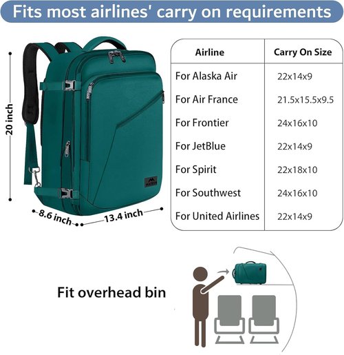 MATEIN Travel Backpack - Large Water-Resistant Carry-On | Expandable Lightweight Daypack in Peacock Blue