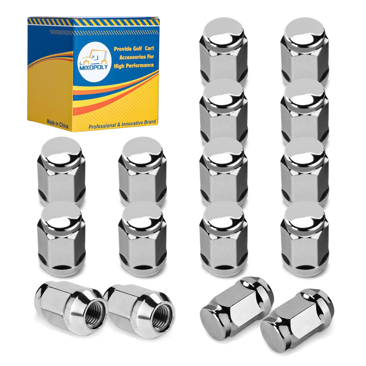 Mixopoly Golf Cart Wheel Lug Nut Kit 1/2-20 for EZGO TXT RXV and Club Car DS Precedent, Chrome Lug Nuts Replace OEM 14723-G1, 1010984, 16 Pack