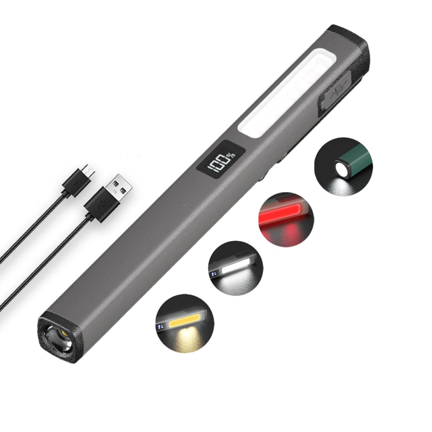 Small Rechargeable Pen Flashlights with COB Work Light, Portable LED Pocket Flashlight Bright Flashlights for Home, Car, Emergencies, with USB-C Charge, 6 Light Modes, LCD Display (Grey)