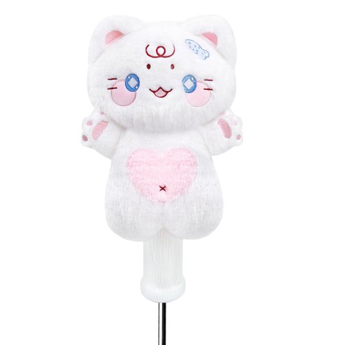 Funny Lucky White Cat Golf Headcover, Small Size Fits Hybird and Irons, Large Size Fits Standard 460cc Driver Head，Animals Plush Golf Club Head Covers