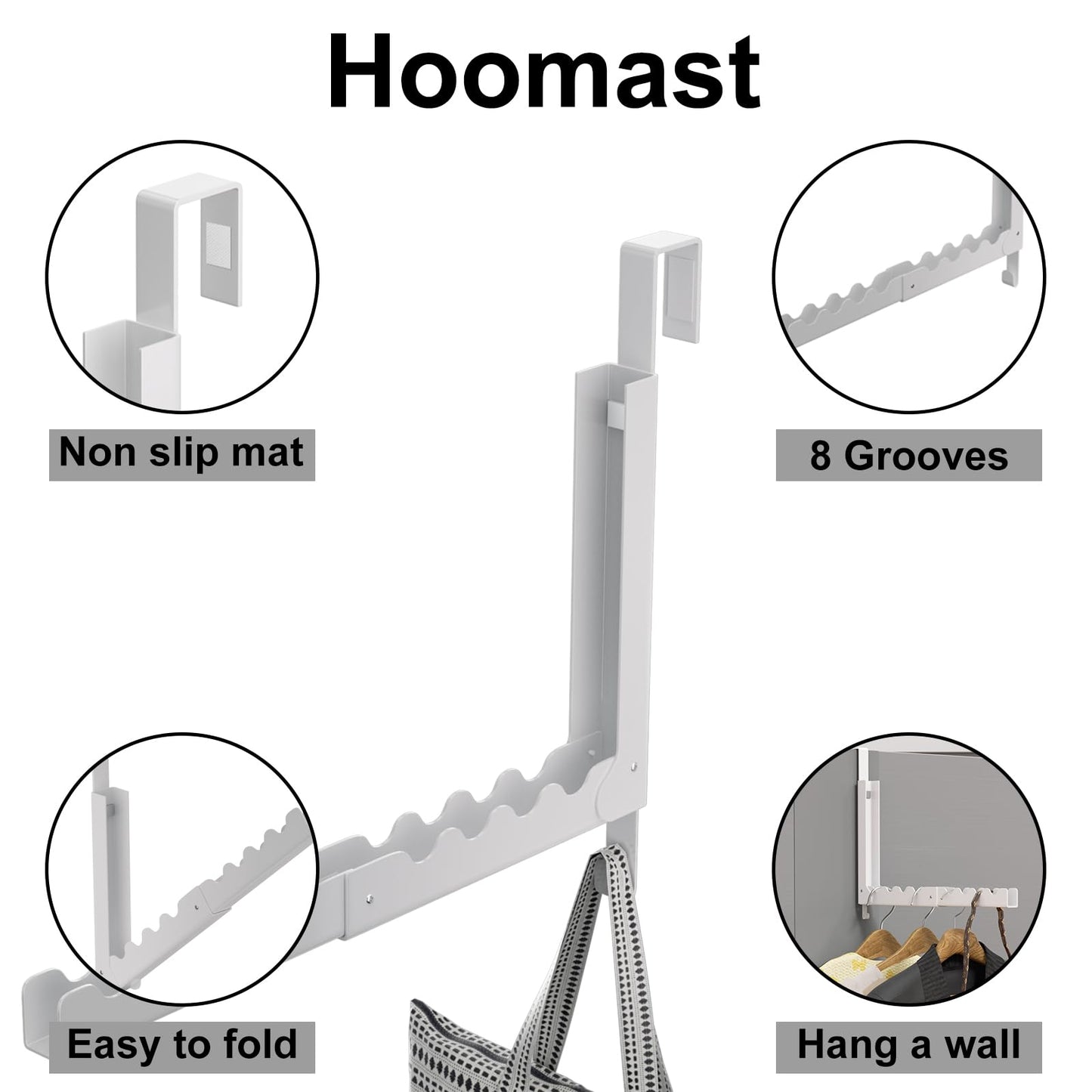 Hoomast Over The Door Hooks Hanger Fit Up to 1 3/4 Inch Optimal, Extended Foldable Over The Door Clothes Drying Rack for Laundry Bathroom Bedroom (White 1 Pack)