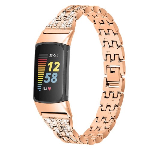 Chic Cute Bling Bands Compatible with Fitbit Charge 6/Charge 5 Fitness & Health Tracker,Rhinestone Dressy Bracelet Stainless Steel Metal Replacement Strap Wristbands Jewelry Strap Women (RoseGold)