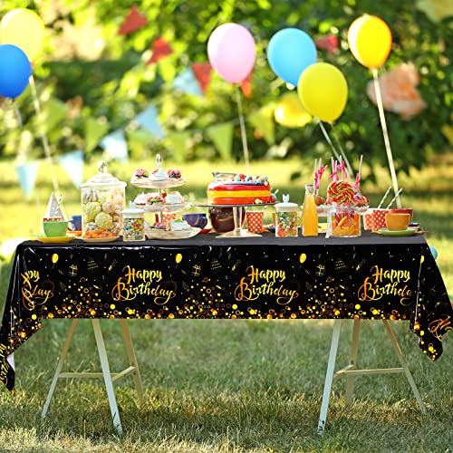Happy Birthday Tablecloths - Black Gold Plastic, 2 Pack, 54 x 108 Inch