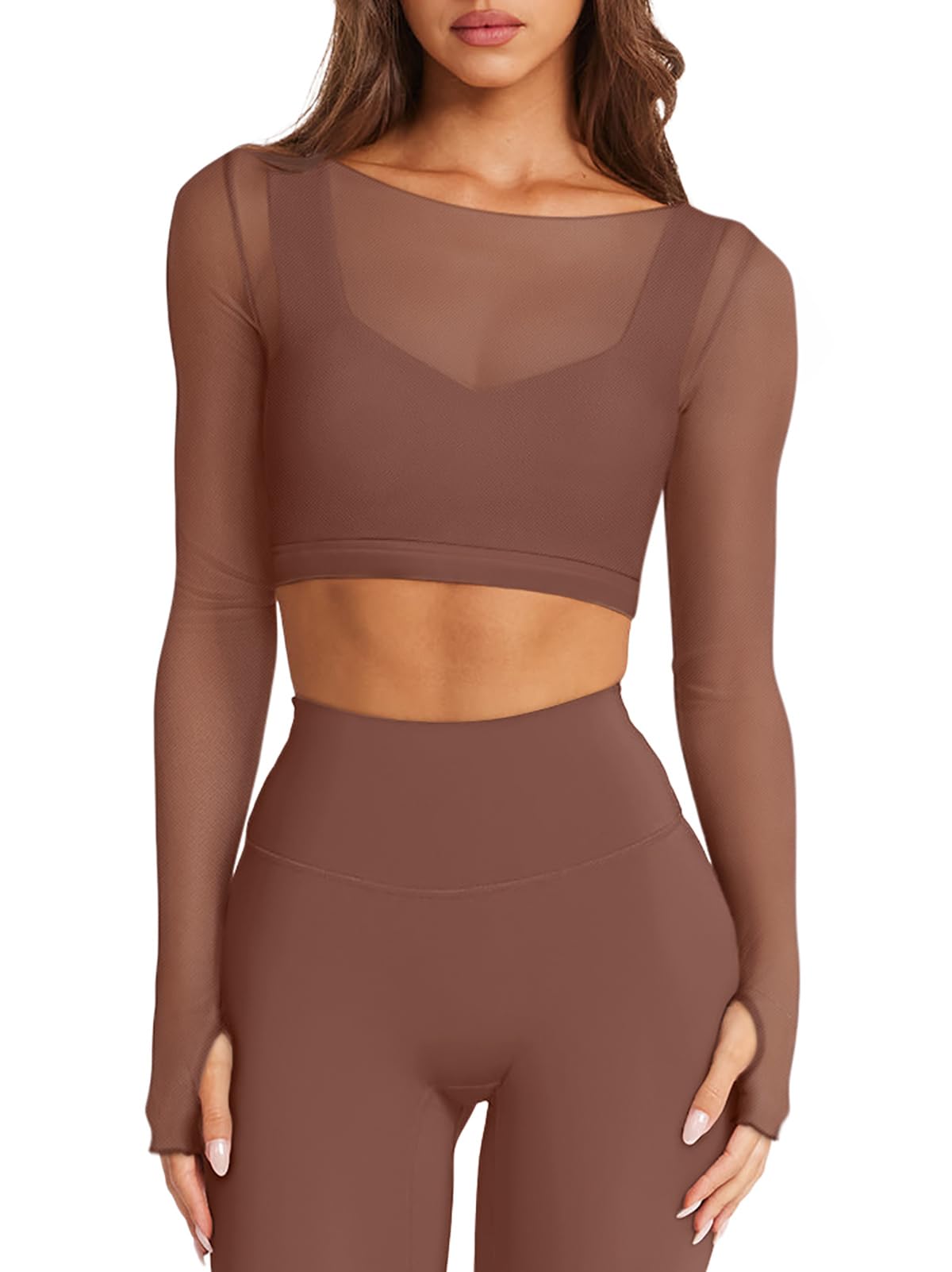 LASLULU Womens Sexy Sheer Mesh Long Sleeve Sports Bra Summer Crop Tops Compression Shirts Athletic Workout Shirts Yoga Pilates Bra Tops(Dark Coffee Small)