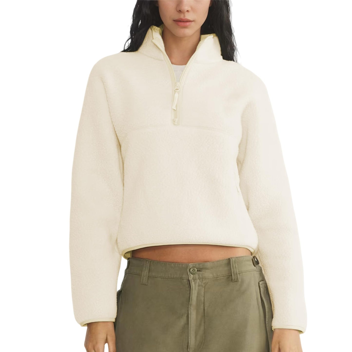 Polomitas Women Pullover Sweatshirt Sherpa Cropped Fleece Jacket Half Zip Fuzzy Clothes Trendy Fall Jackets with Pockets(Beige, M)