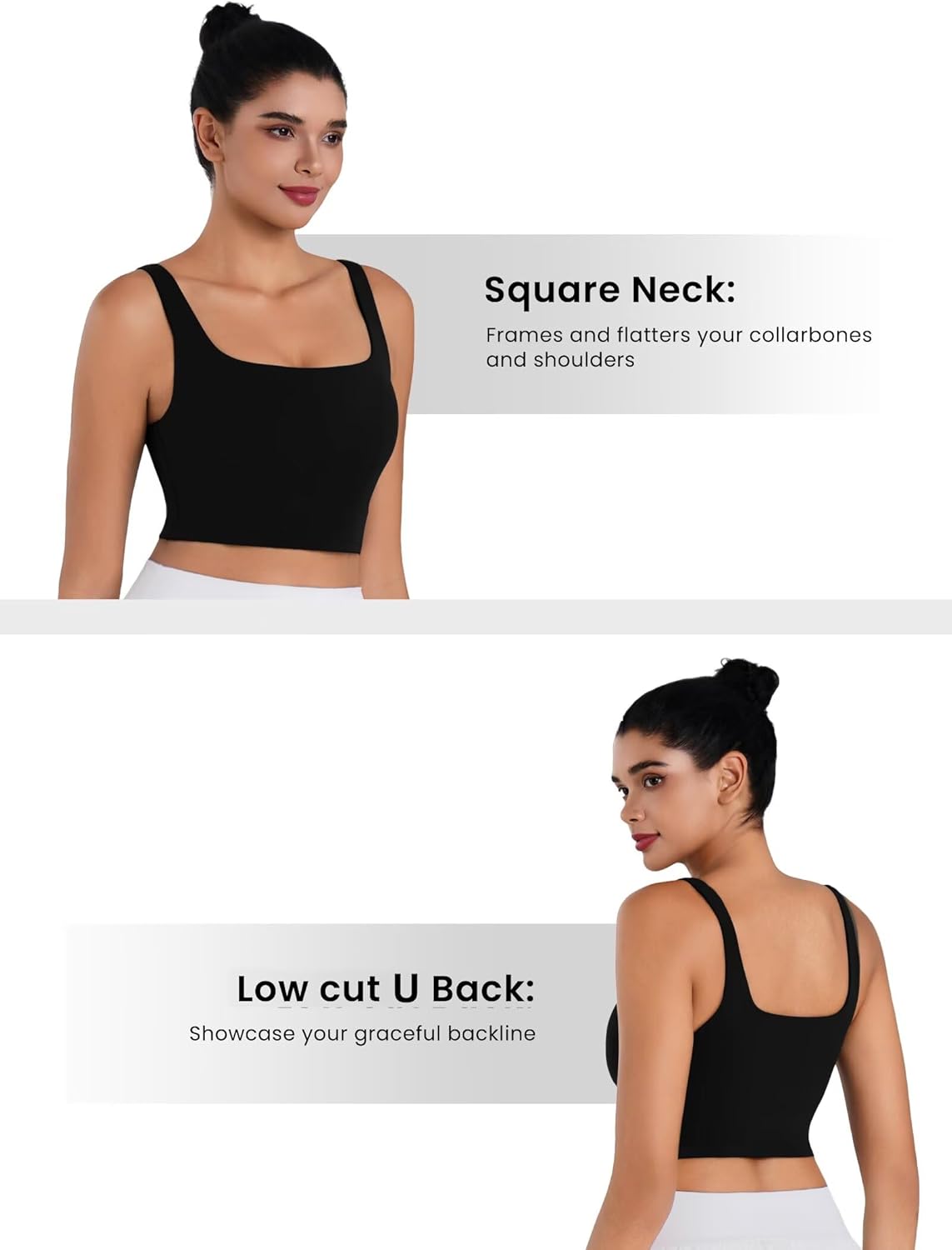 Sunzel Square Neck Longline Sports Bra - Padded Yoga Crop Tank Top with Wide Straps for Women