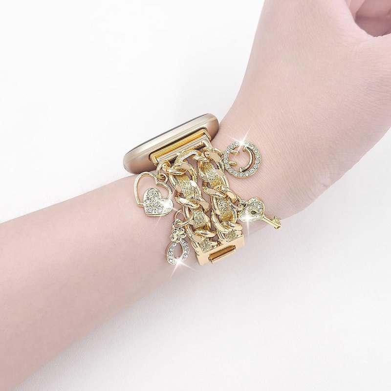 REALSIGN Metal Bands Compatible with Fitbit Versa 4/Versa 3/Sense 2/Sense Band Women,Stylish Cuban Chain Bracelet with Cute Unique Pendants Love Cross Charms Strap (Bling Gold)