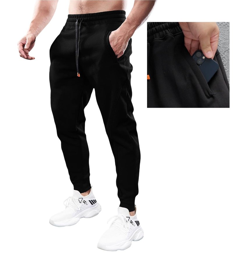 Fioboc FiobocJoggers for Men Casual -Cotton Drawstring Sweat Pants with Zipper Pockets Jogging Sweatpants Pants Black L
