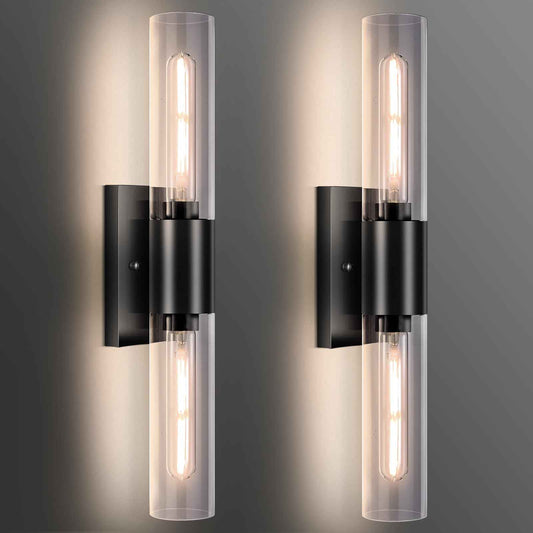 Bathroom Wall Sconces Set of Two Black , 21" Modern 2-Light Vanity Light Tube Wall Sconce, Clear Glass Indoor Hardwired Mounted Lamps for Living Room,Bedroom,Hallway-Black Clear (Bulb Not Included)