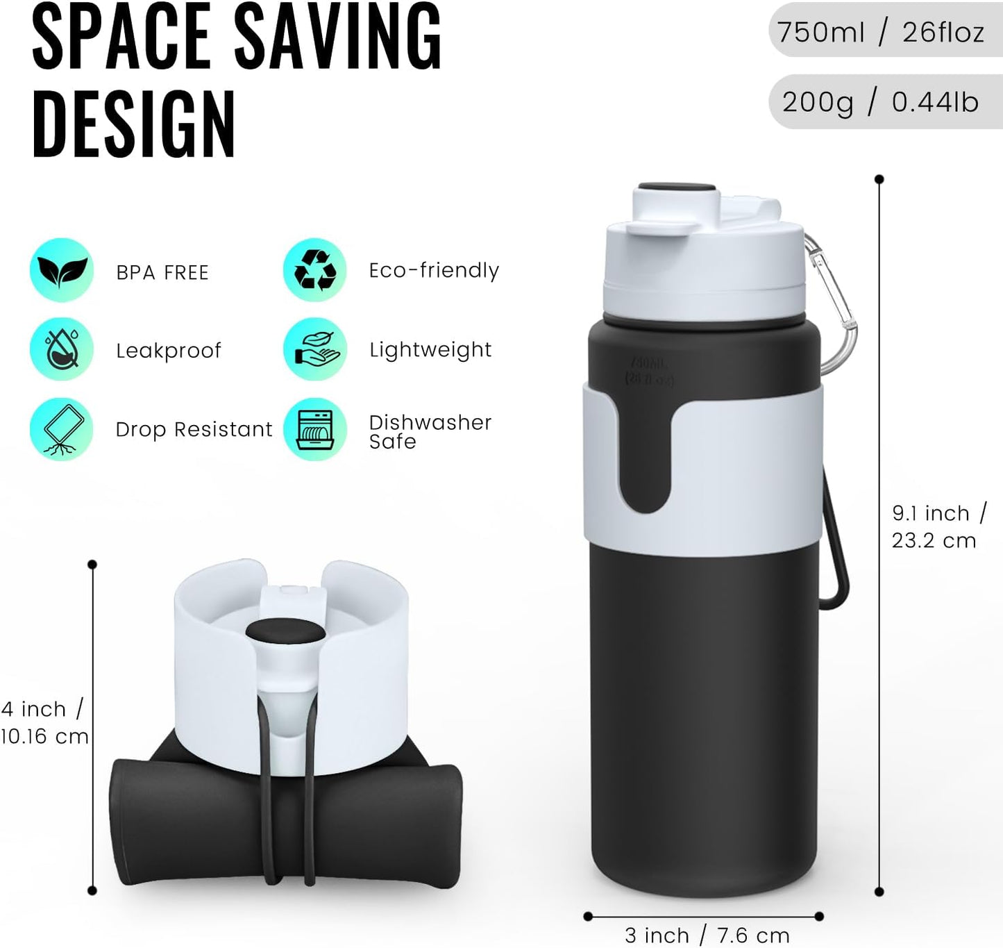 Nefeeko Collapsible Water Bottle - BPA-Free 26oz Foldable Design for Travel & Sports | Leak-Proof & Lightweight