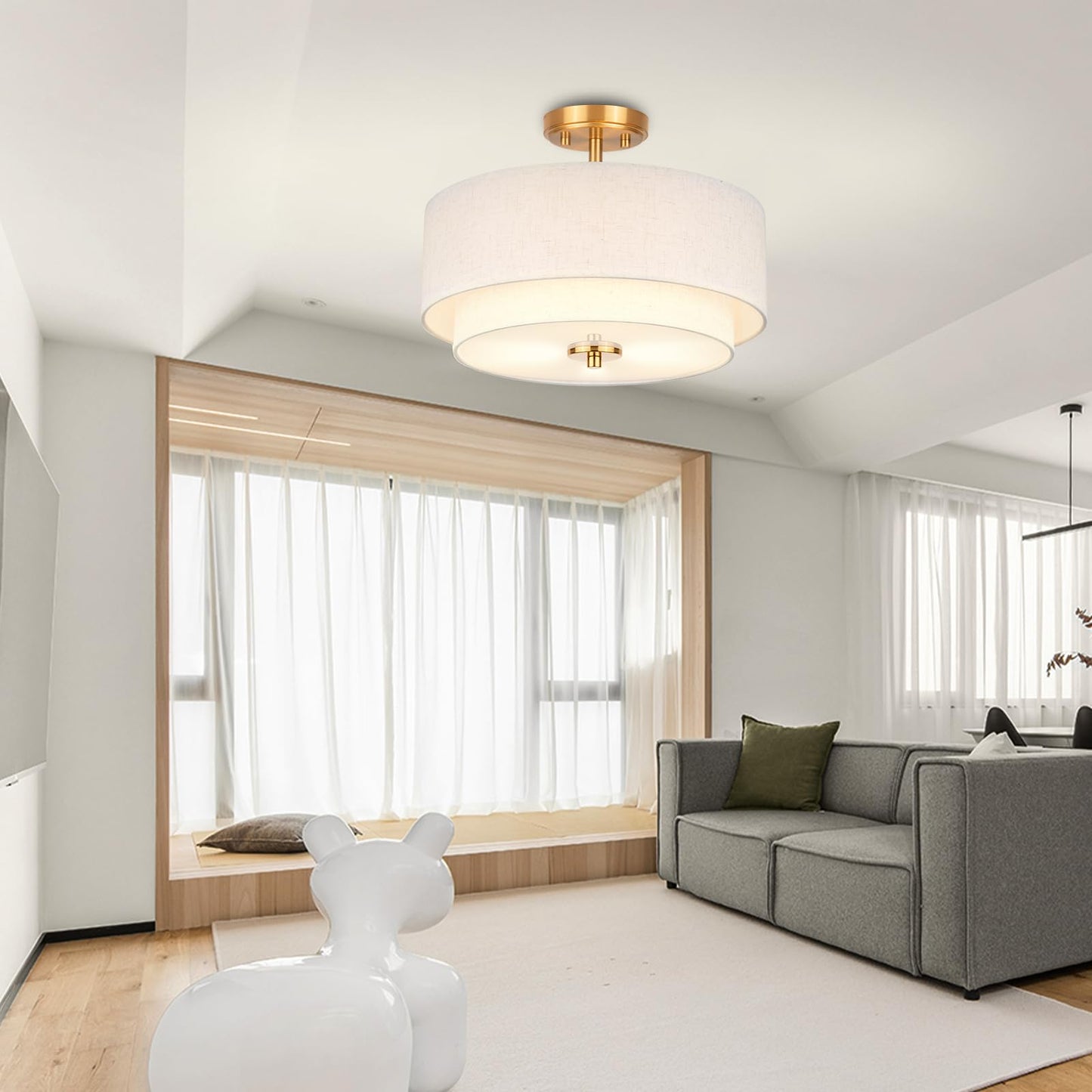 Edwarmlux 3-Light Semi Flush Mount Ceiling Light, 16" Drum Light with White Fabric Shade, Modern Close to Ceiling Lamp for Living Room Bedroom Dining Kitchen Hallway Entry (Brushed Gold)