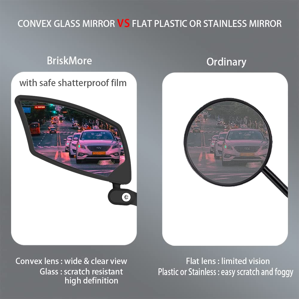 BriskMore Handlebar Bike Mirror - Crystal Clear HD Glass, 360° Adjustable&Foldable Mirror for Safe Riding, Wide Angle Rearview for E-Bikes, Mountain Bikes & Scooters,Bicycle Mirrors,Left Side Mount