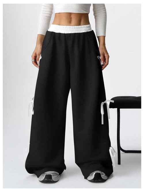 Verdusa Girl's Coquette Bow Wide Leg Baggy Pants Lightweight Cute Sweatpants with Pockets Grey Black 12 Years