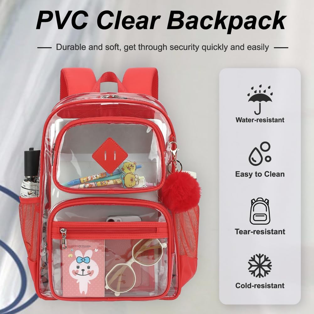 Skiennix Heavy Duty Clear Backpack - Durable Transparent School Bookbag for Kids | Red