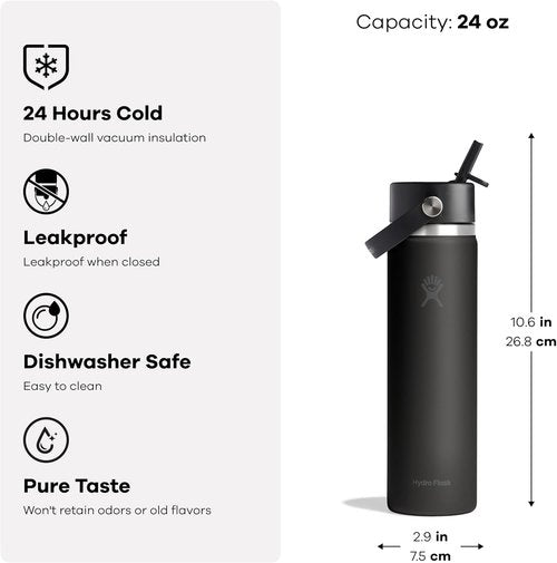 Hydro Flask Water Bottle - Insulated Stainless Steel | Leakproof Wide Straw Lid - 24 Oz Harbor Blue